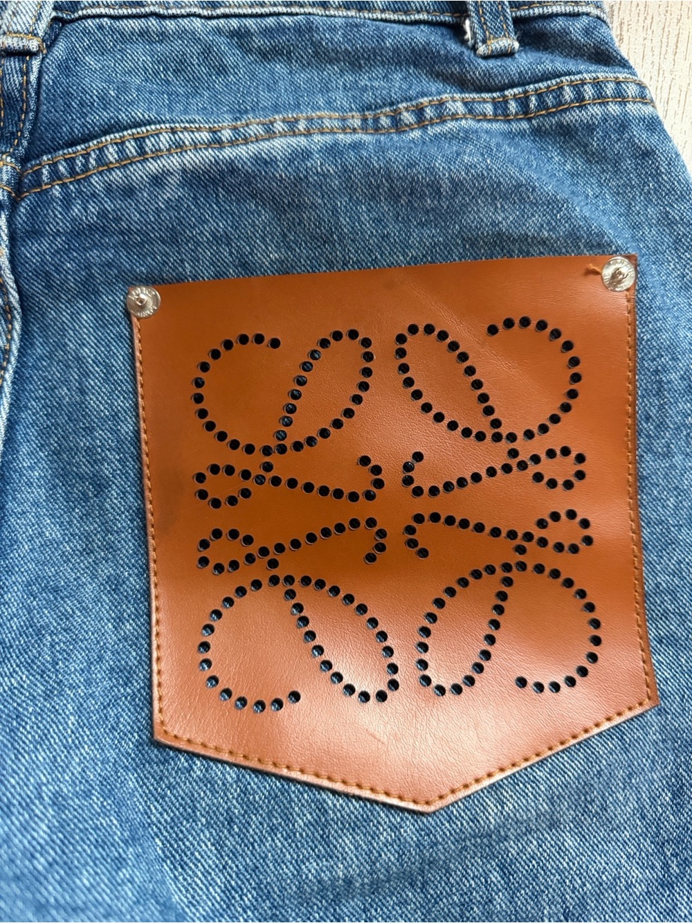 Loewe Medium Blue Straight-Leg Jeans with Tan Leather Patch - Picture 3 of 16